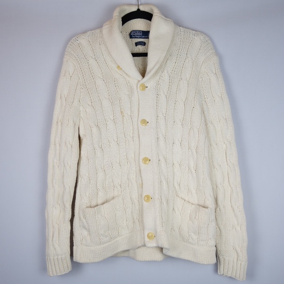 Vintage Ralph Lauren Cable-Link Hand Knit Cardigan Sweater w/ Shawl Collar, Sz M - Picture 1 of 8
